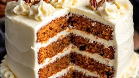 Deliciously frosted carrot cake slice on a plate