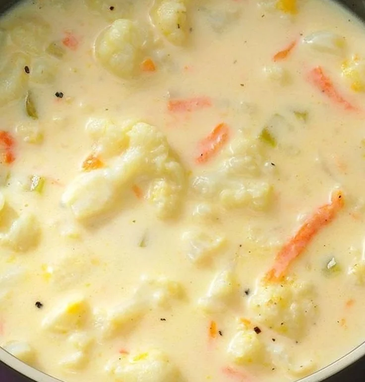 Creamy cheesy cauliflower soup served in a bowl with fresh herbs on top