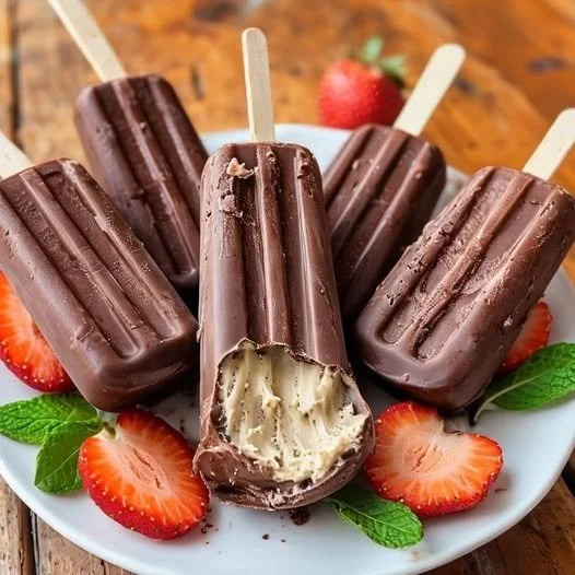 Delicious chocolate popsicle in a vibrant bowl surrounded by chocolate shavings.