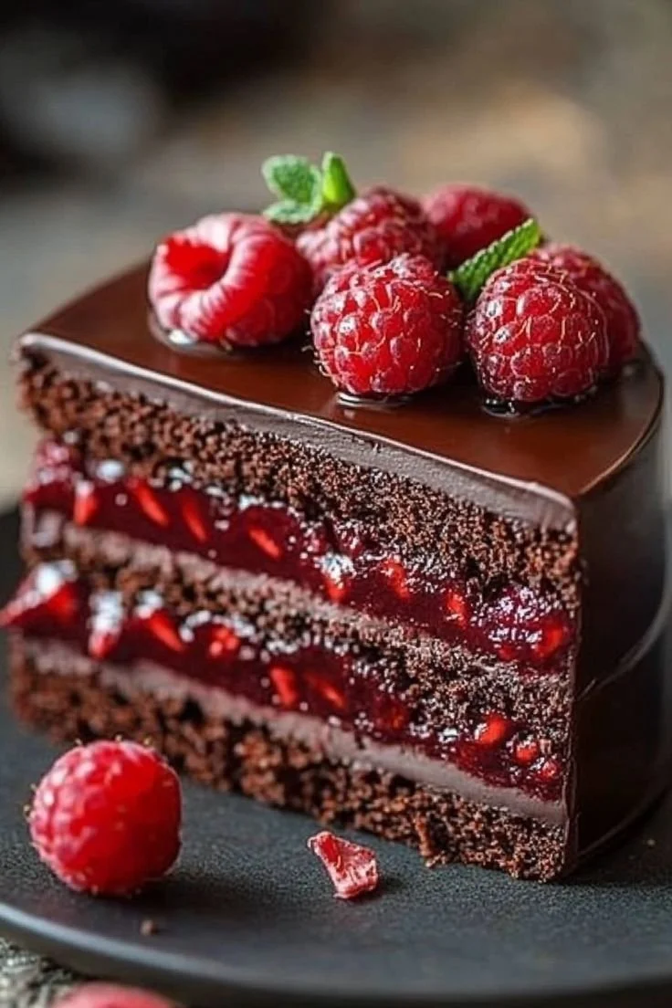 Delicious Chocolate Raspberry Truffle Cake with layers of chocolate and raspberry