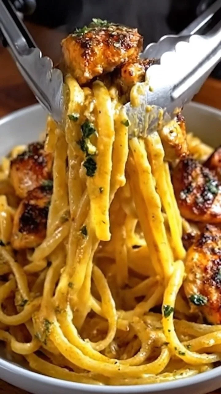 Delicious Cowboy Butter Chicken Linguine topped with fresh herbs