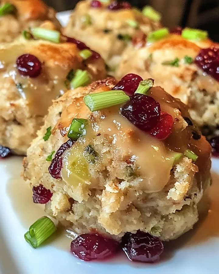 Cranberry Turkey Stuffing Balls served on a festive table