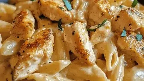 Creamy Cajun chicken pasta served on a plate with fresh herbs