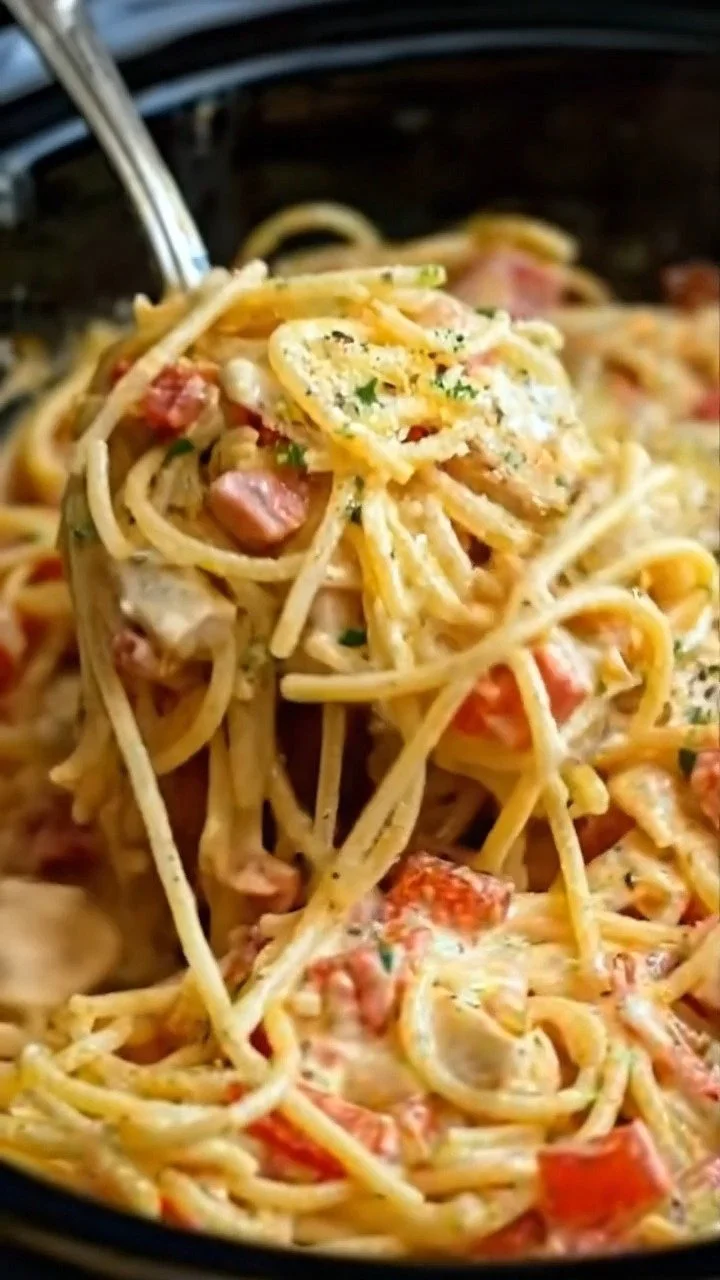 Creamy Crockpot Chicken Spaghetti served in a bowl