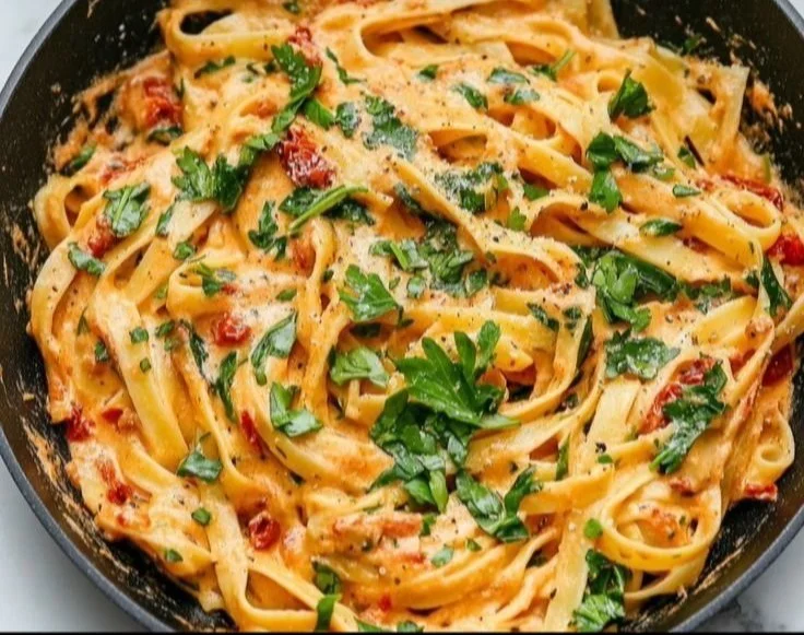 Creamy vegan sun-dried tomato pasta dish topped with fresh basil and vegan Parmesan