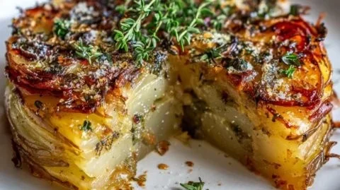 Crispy Balsamic Thyme Potato Torte served on a rustic wooden table.