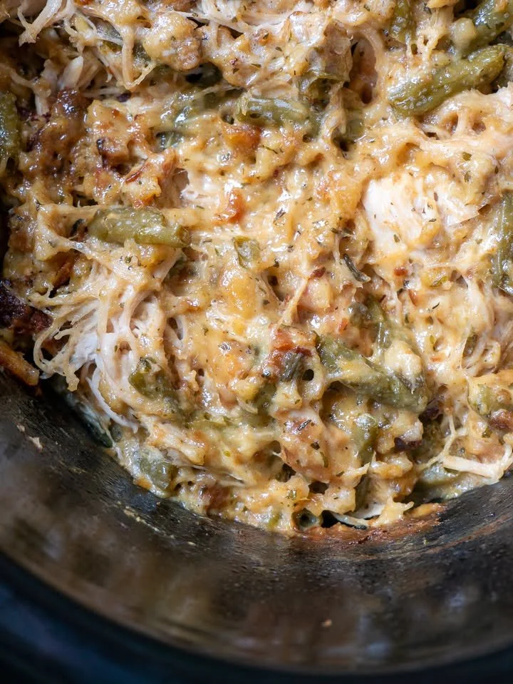 Delicious crockpot dinner cooking in a slow cooker with fresh ingredients