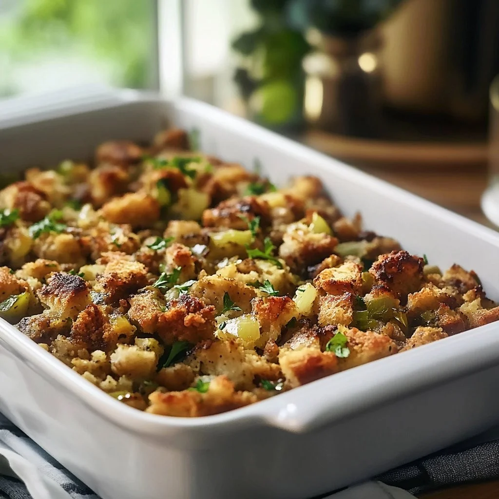 Grandma's delicious Thanksgiving stuffing recipe with aromatic herbs and spices.