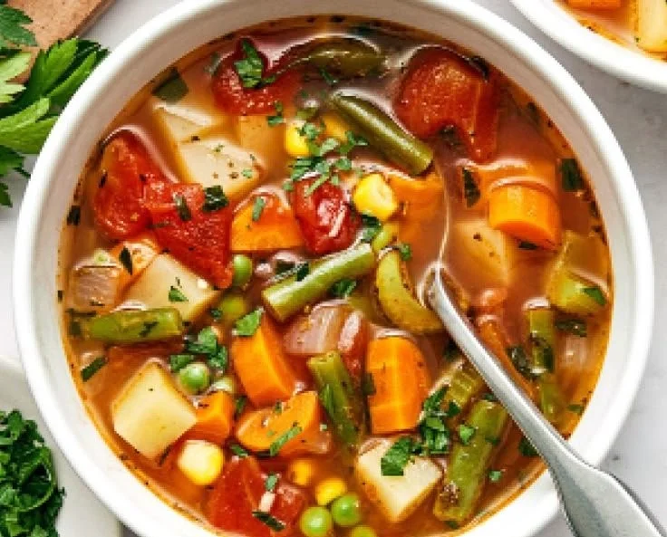 Bowl of easy vegetable soup with colorful fresh vegetables