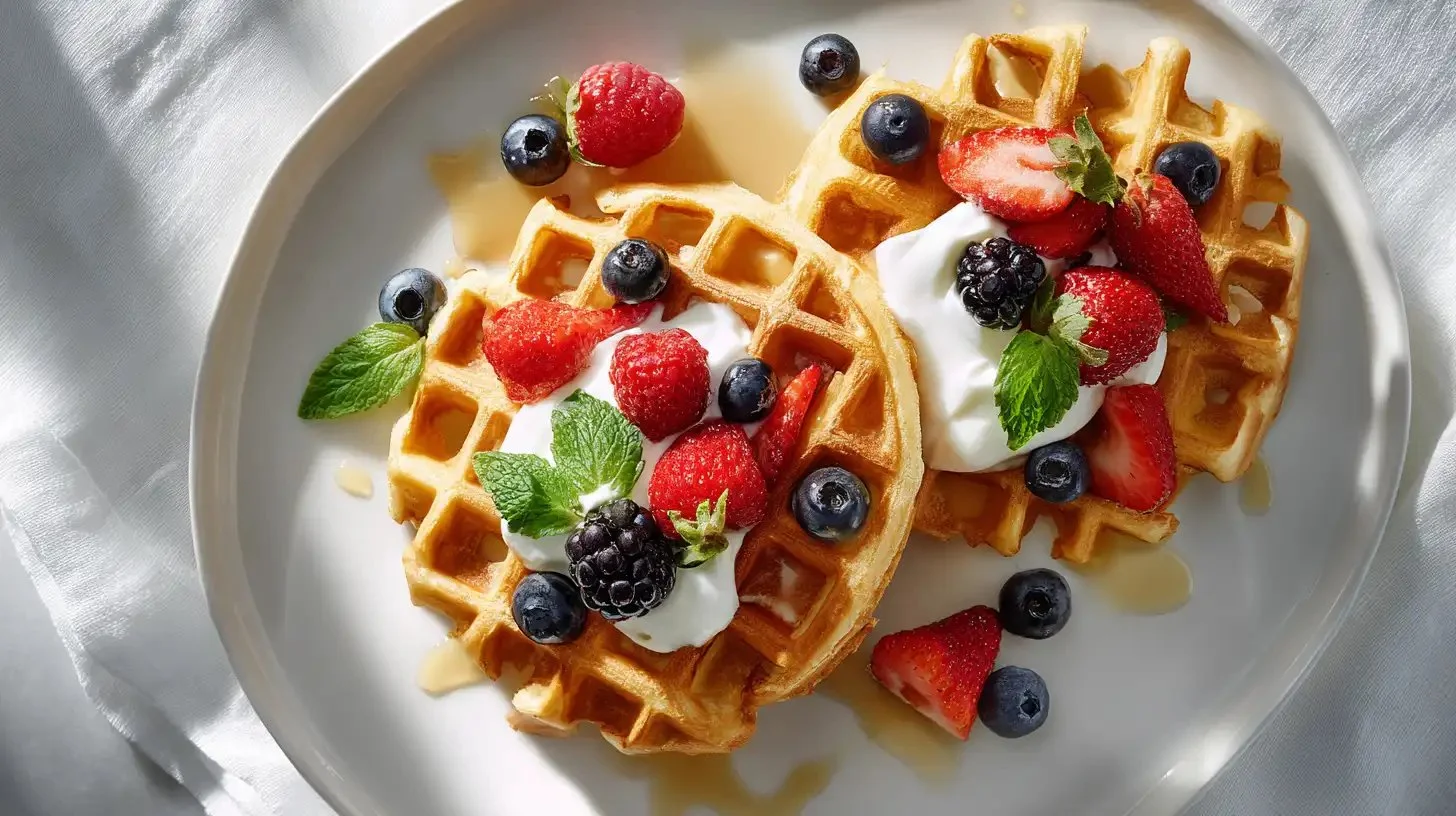 Delicious high-protein waffles stacked with fresh fruit.