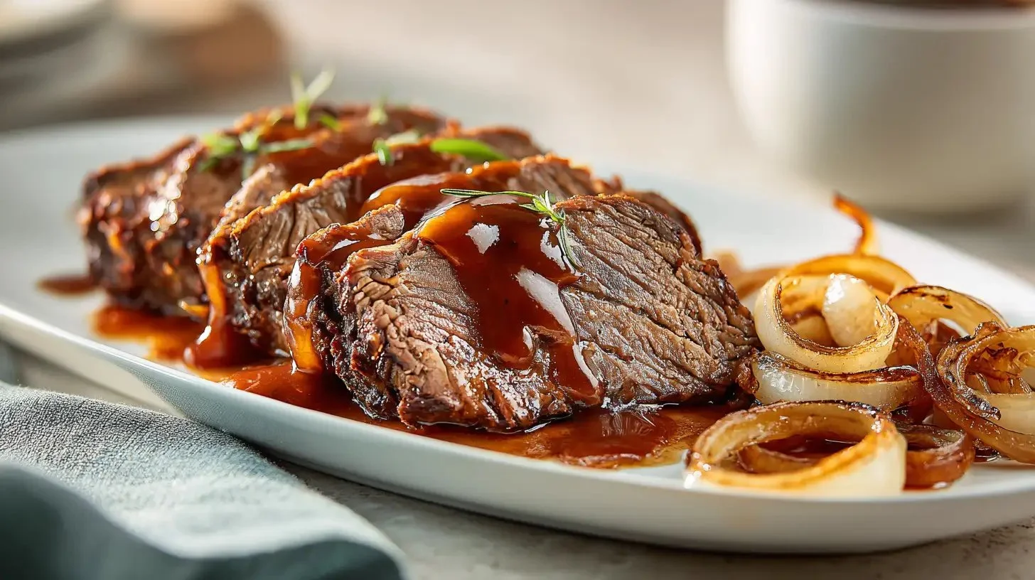 Delicious Instant Pot brisket served with sides on a plate.