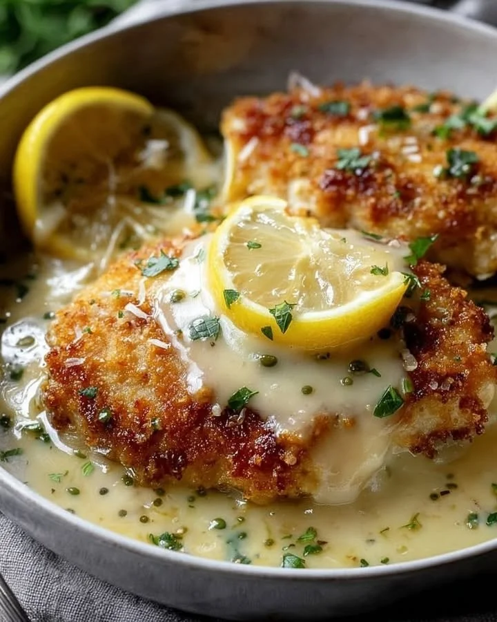 Lemon Pecorino Chicken topped with creamy lemon sauce on a plate.