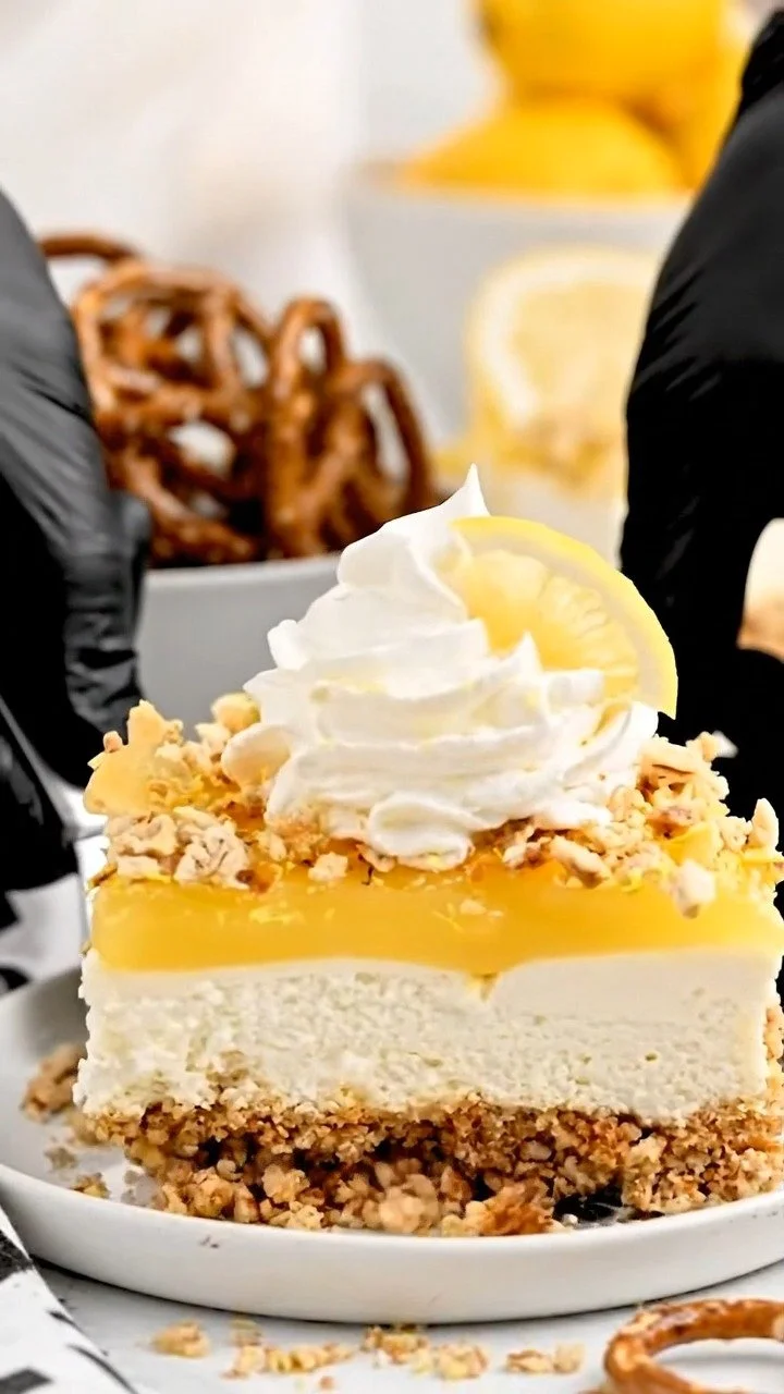 Delicious Lemon Pretzel Dessert with a tangy lemon filling and pretzel crust