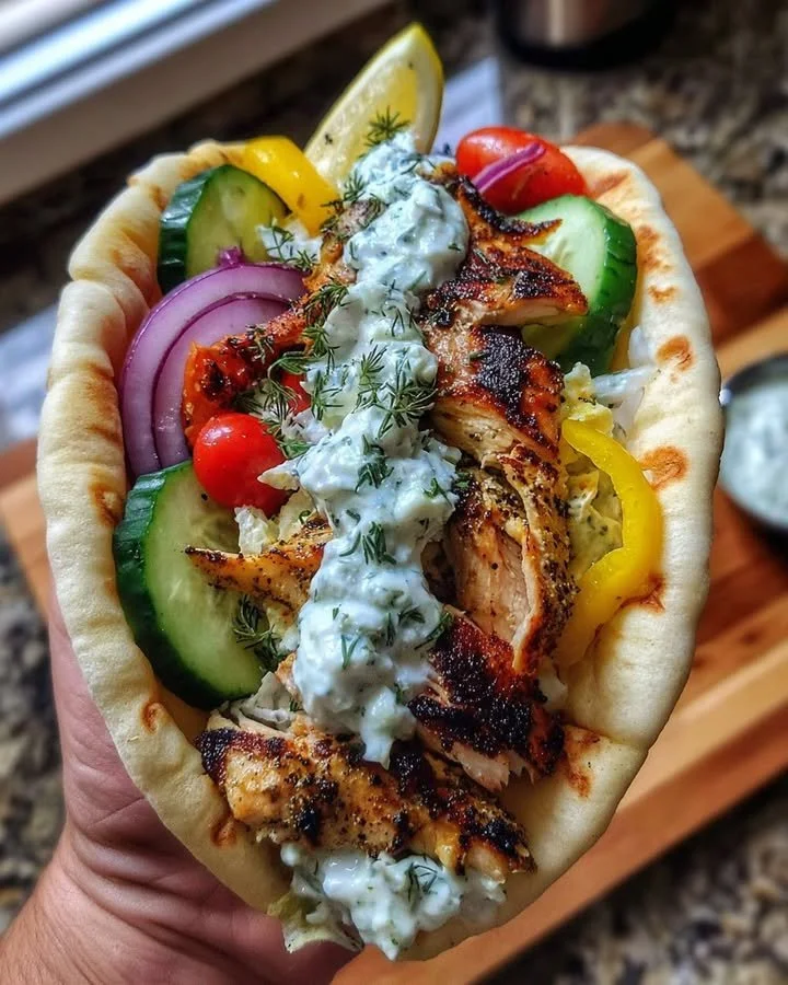 Mediterranean chicken gyros served with creamy feta tzatziki sauce