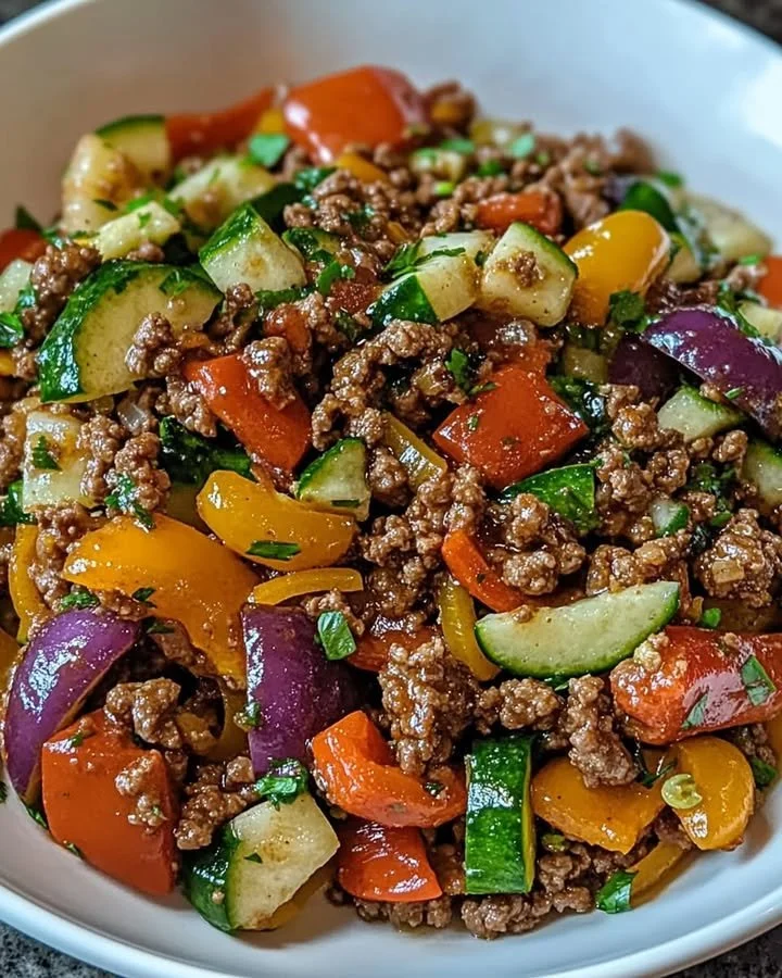 Mediterranean Ground Beef Stir Fry with fresh vegetables and spices