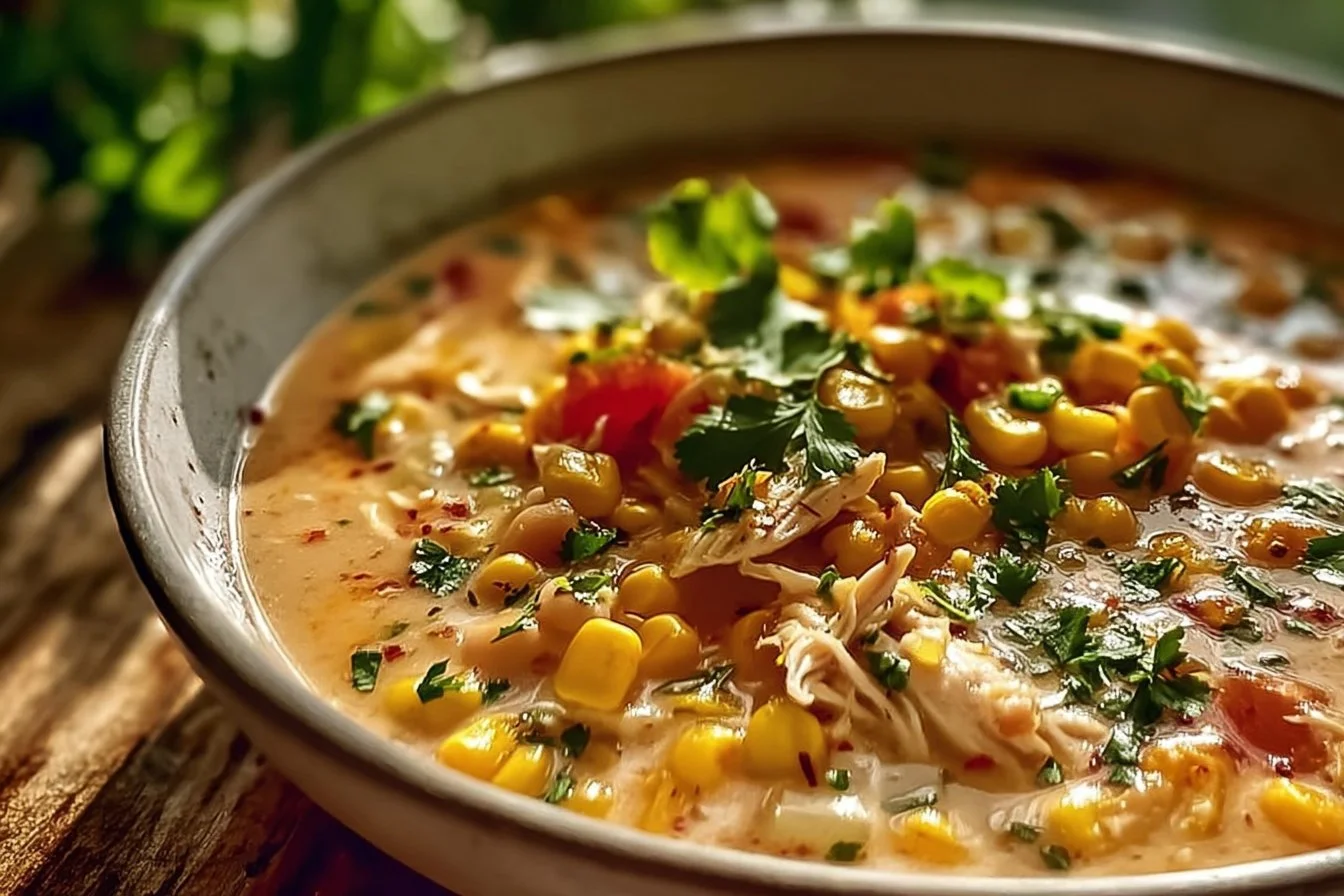 A bowl of Mexican Street Corn White Chicken Chili topped with fresh cilantro