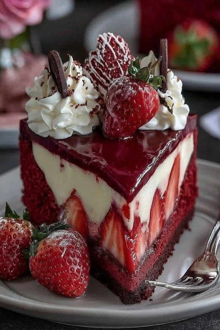 Slice of Red Velvet Strawberry Cheesecake with fresh strawberries on top