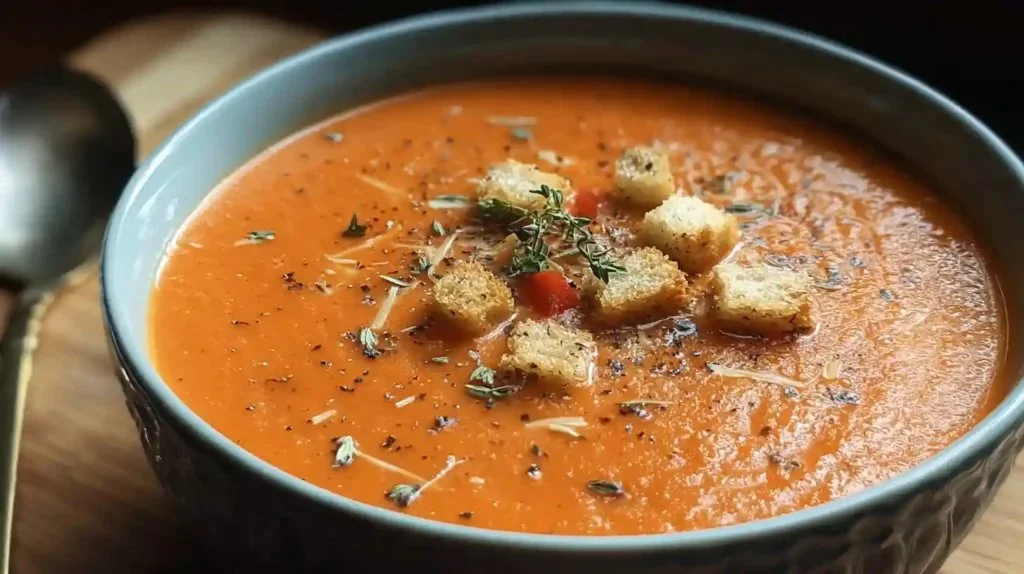 Bowl of Roasted Red Pepper Soup with Gouda topped with fresh herbs
