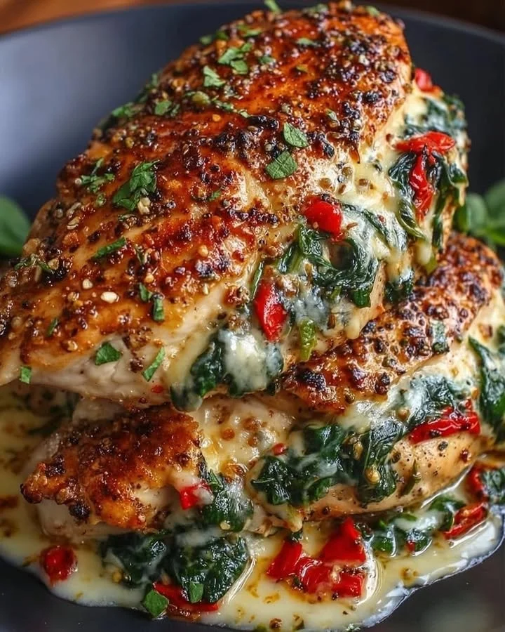 Roasted red pepper, spinach, and mozzarella stuffed chicken on a plate
