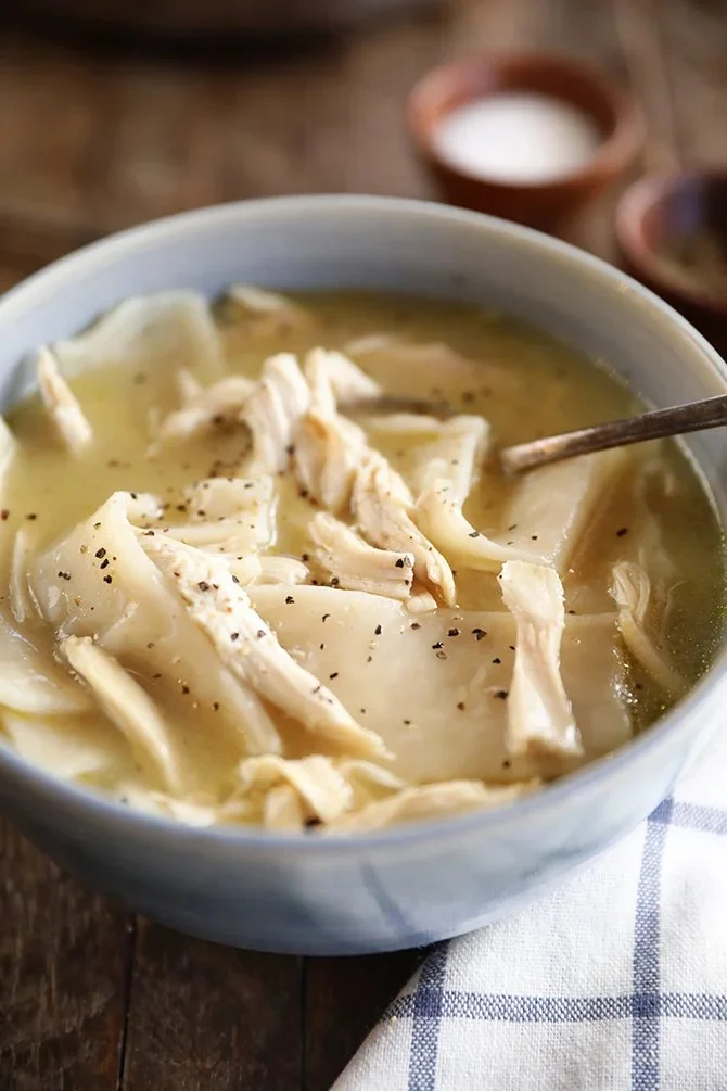 Delicious Southern chicken and dumplings in a rustic bowl
