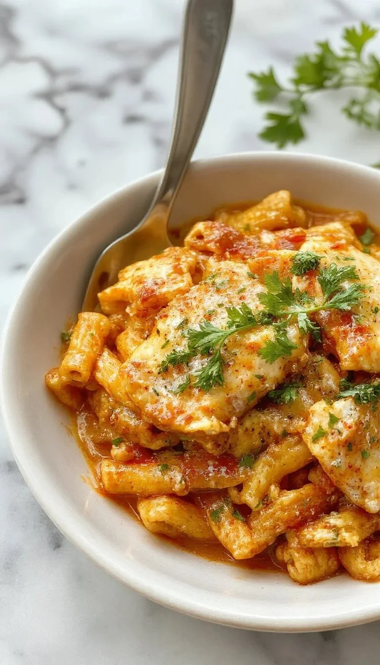 Creamy Cajun Chicken Pasta with spices, vegetables, and chicken in a bowl.