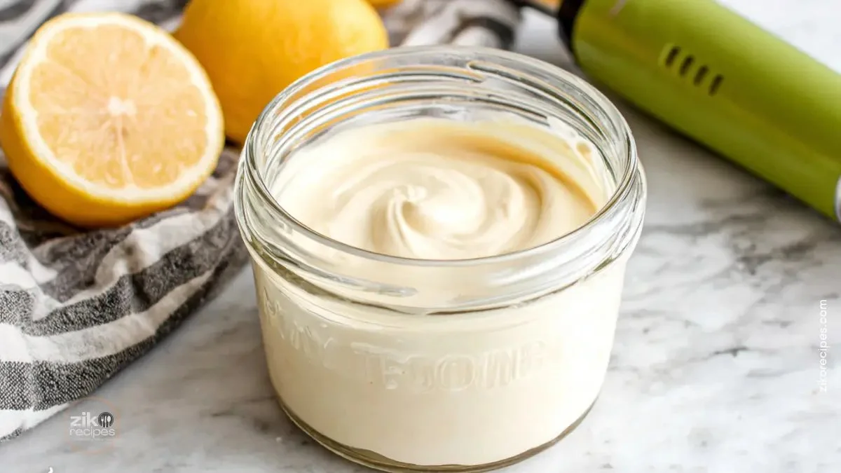 Creamy vegan mayo made from plant-based ingredients in a glass jar