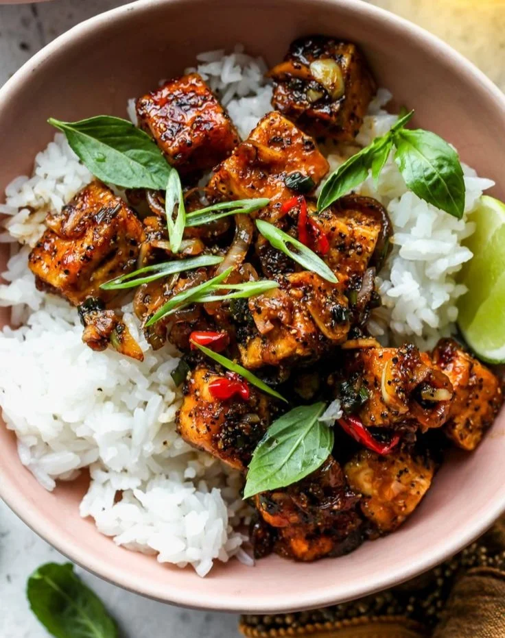 30 Minute Black Pepper Tofu dish served in a bowl with vibrant vegetables
