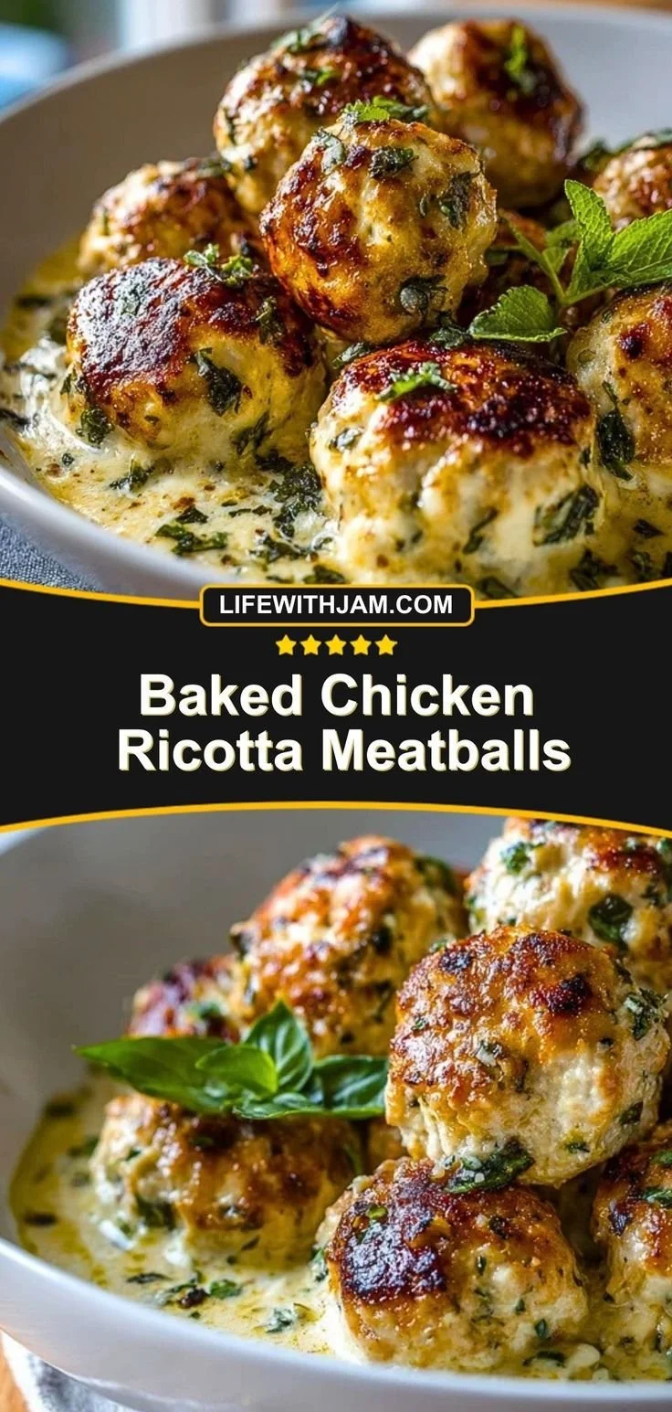 Baked chicken ricotta meatballs served on a plate with fresh herbs