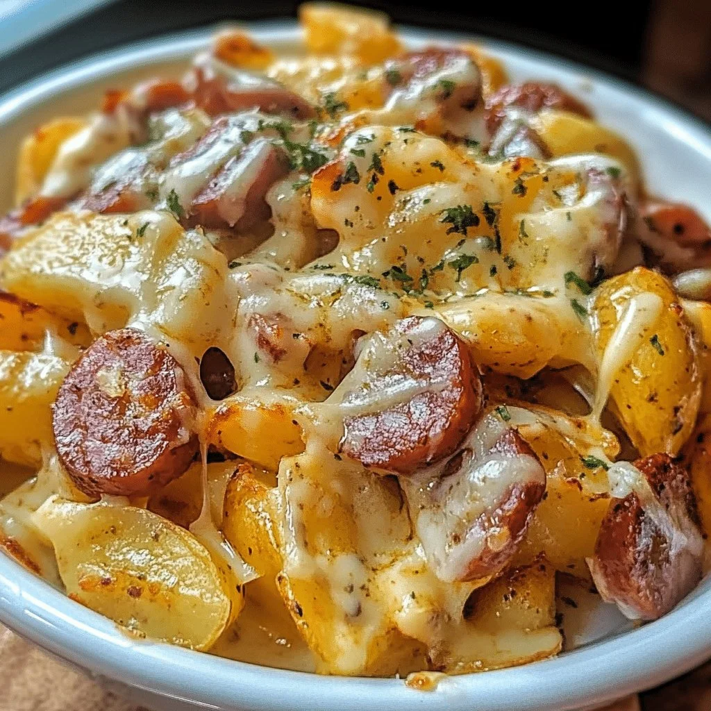 Cheesy ranch potatoes with smoked sausage in a baking dish