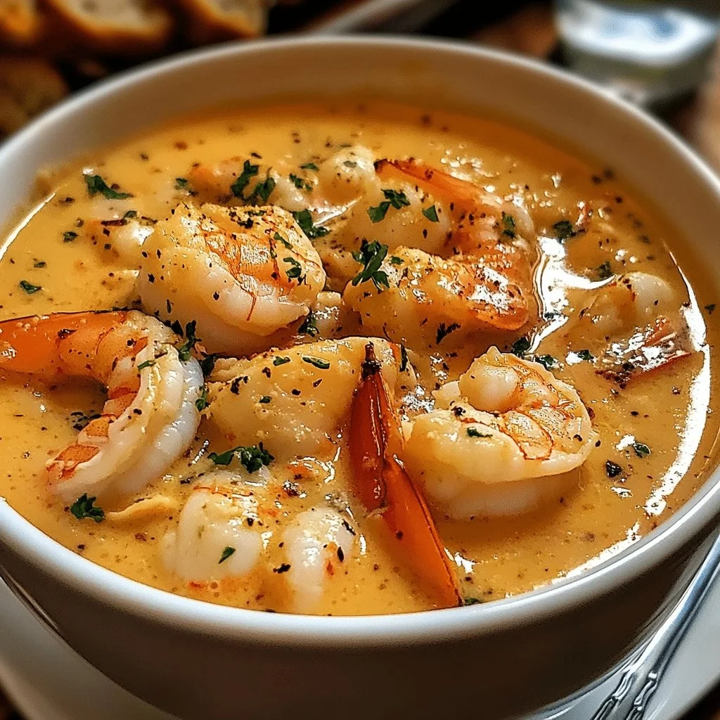Delicious bowl of crab and shrimp seafood bisque topped with herbs