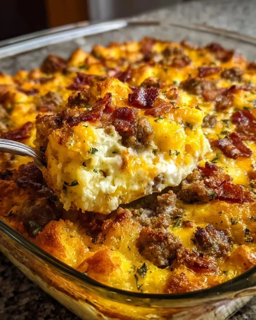 Crack Breakfast Casserole served in a baking dish with cheese and toppings