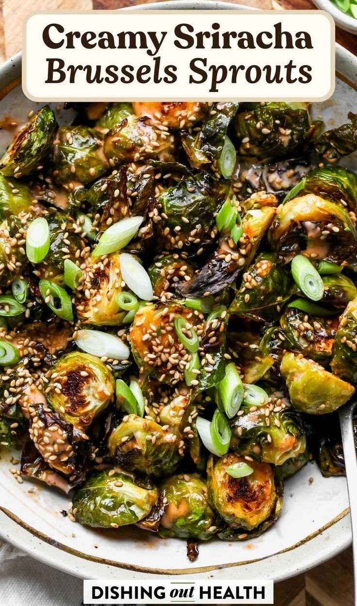 Creamy Sriracha Brussels Sprouts dish served in a bowl.