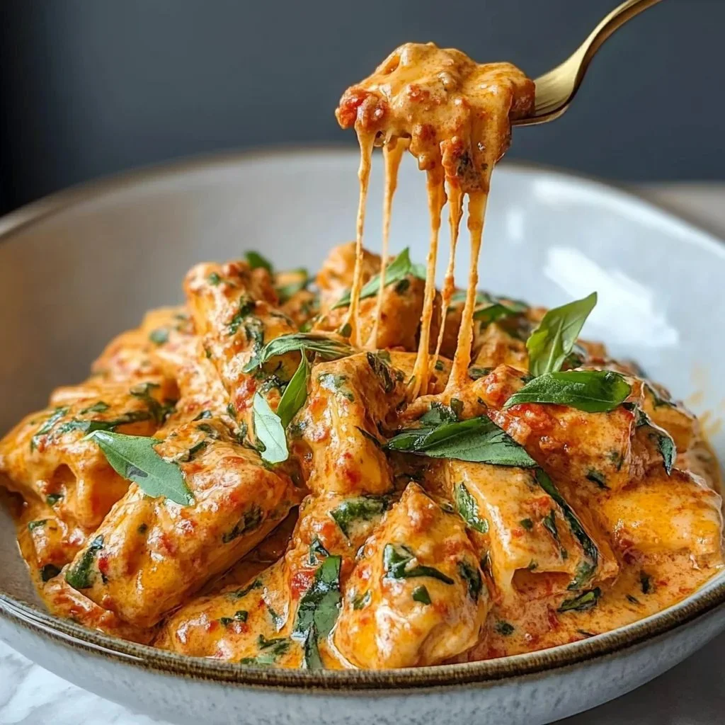 A delicious plate of creamy tomato garlic pasta garnished with herbs.