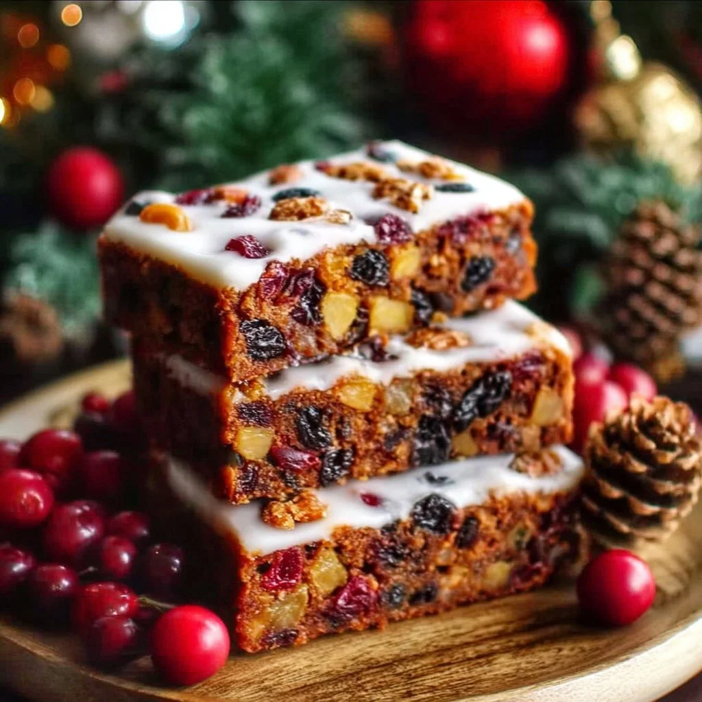 Festive Christmas fruitcake traybake on a decorative platter
