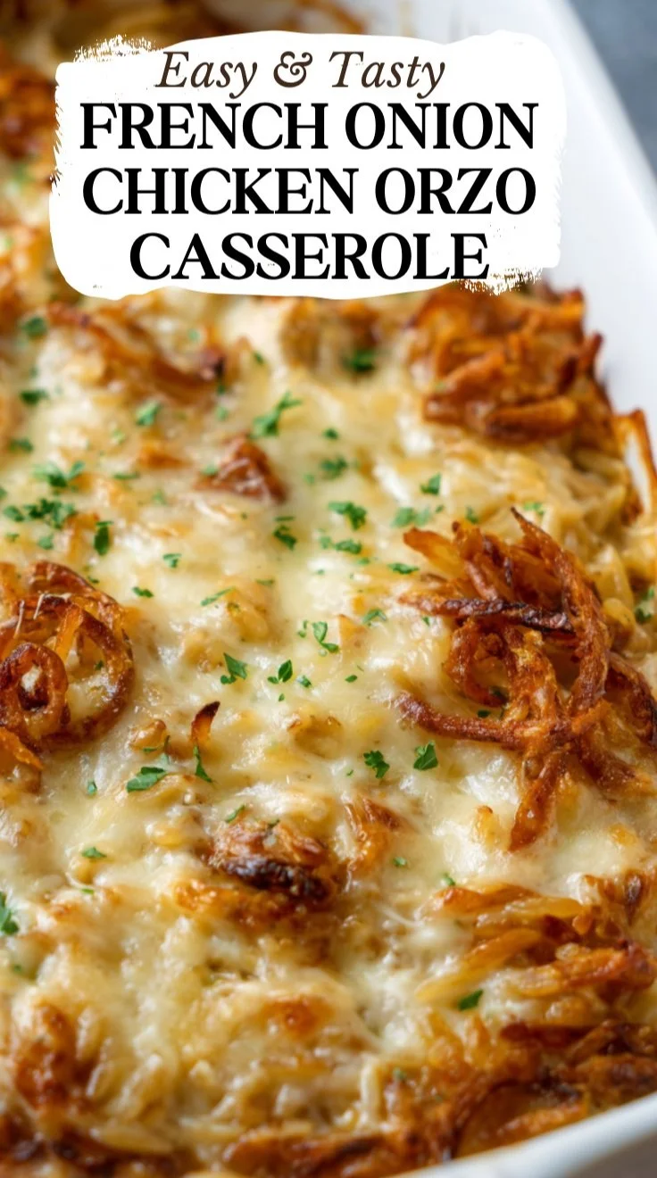 Delicious French Onion Chicken Orzo Casserole with melted cheese and caramelized onions