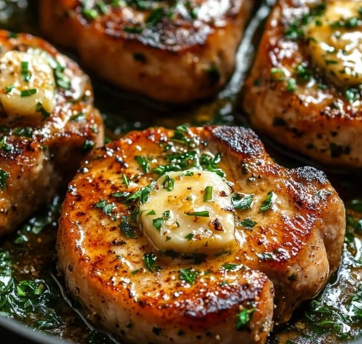Garlic butter pan-seared pork chops served on a plate with herbs