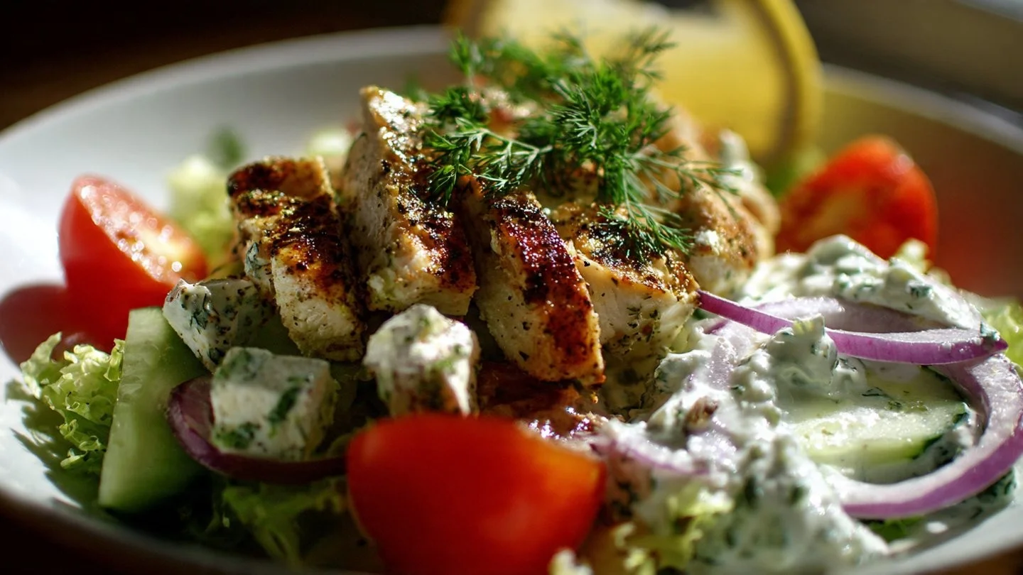 Delicious Greek Chicken Salad with Tzatziki sauce served on a plate