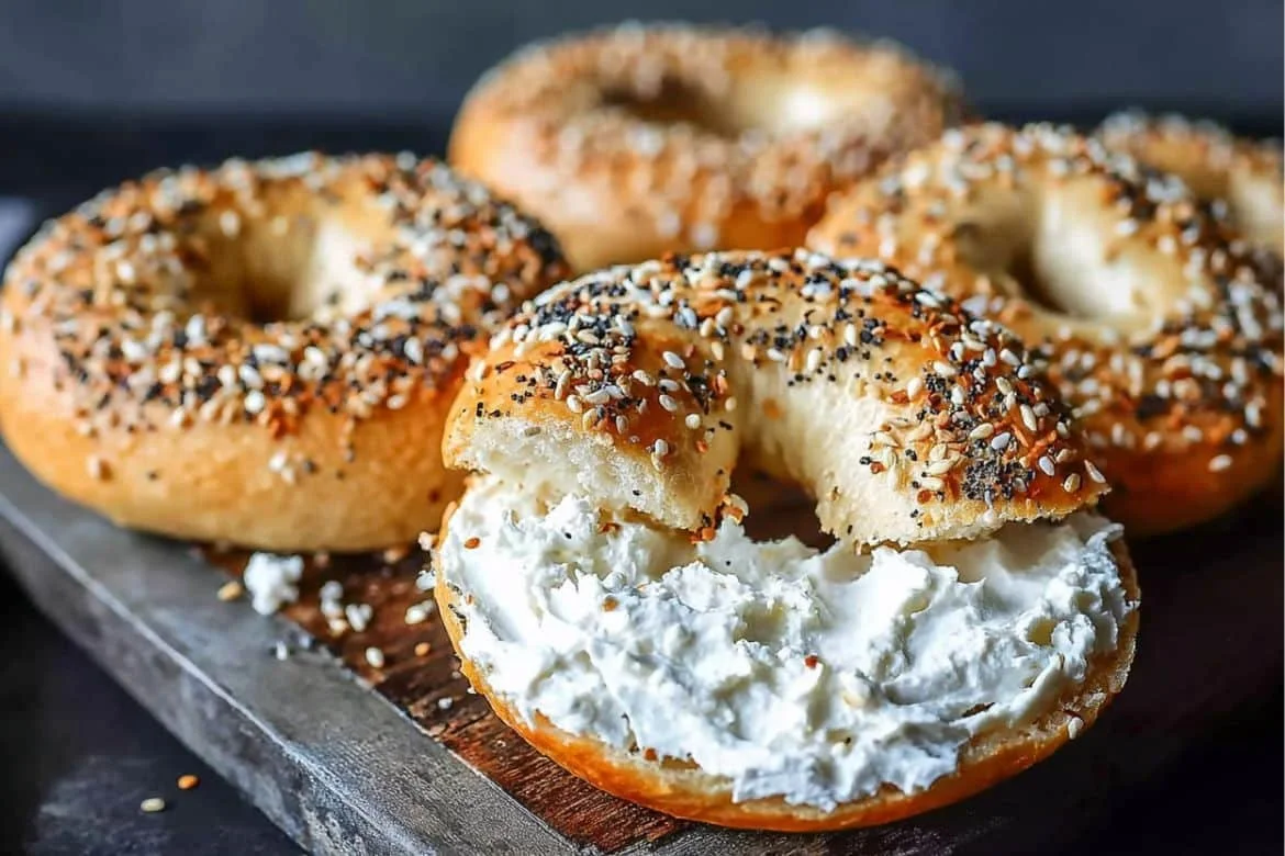 Freshly baked Greek yogurt bagels on a wooden kitchen table
