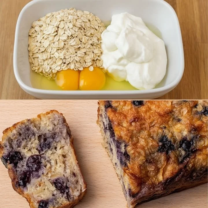 Healthy blueberry apple oatmeal cake topped with fresh blueberries and apple slices