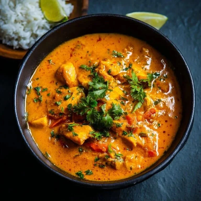 Delicious Mango Chicken Curry served with rice and fresh cilantro garnish.