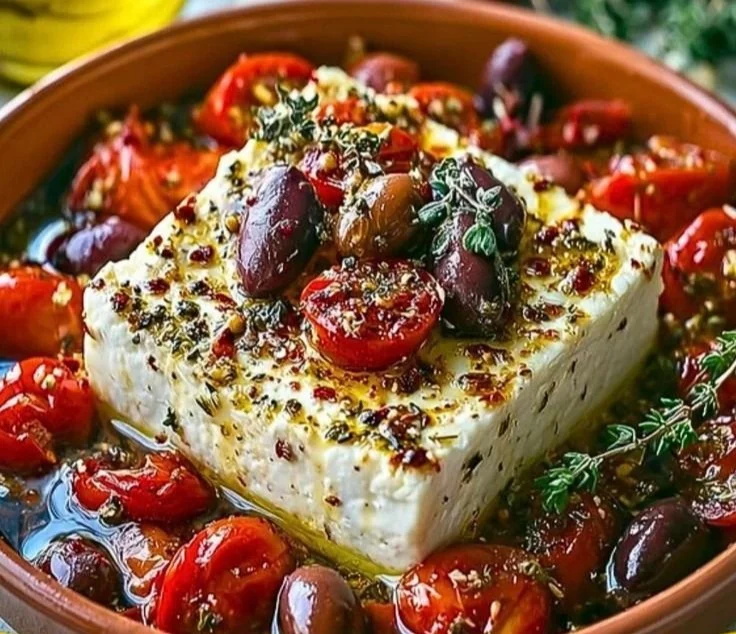 Mediterranean baked feta appetizer served with fresh herbs and tomatoes