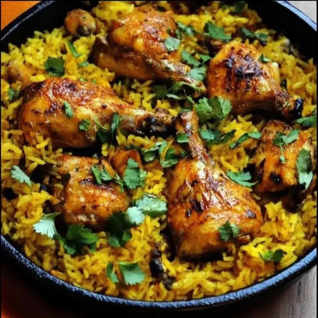 Delicious Moroccan Chicken and Rice served in a traditional dish