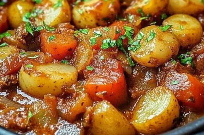 Delicious Moroccan potato tagine served with fresh herbs.