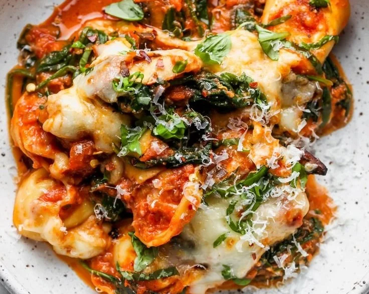 One Pan Baked Cheese Tortellini with melted cheese and rich sauce