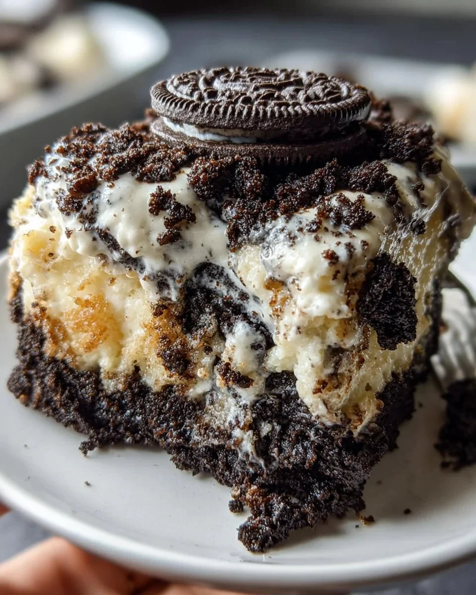 Oreo Dump Cake topped with crushed Oreos and whipped cream, served in a dish.