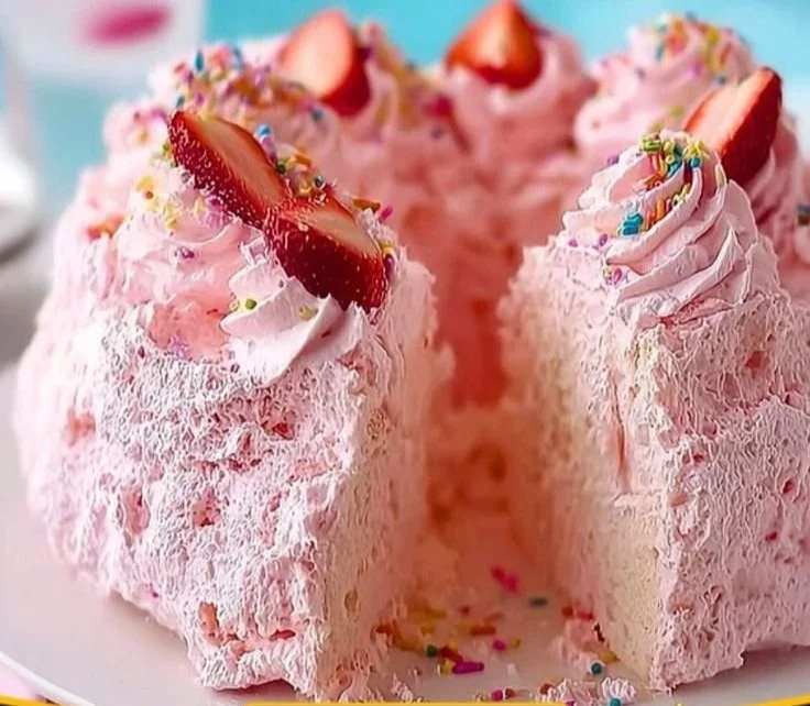 Delicious pink angel food cake topped with fresh strawberries and whipped cream.