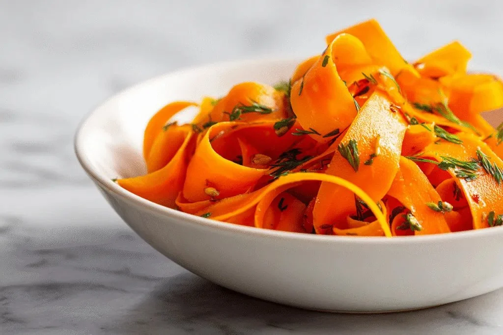 Ribbon Carrot Salad with fresh vegetables and dressing
