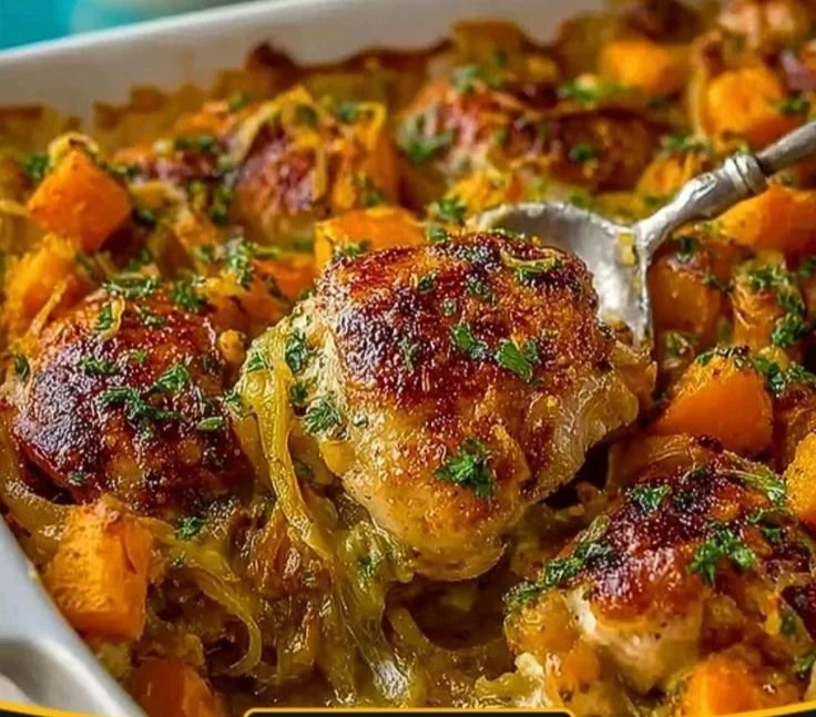 Roasted chicken with leeks and butternut squash in a bake dish