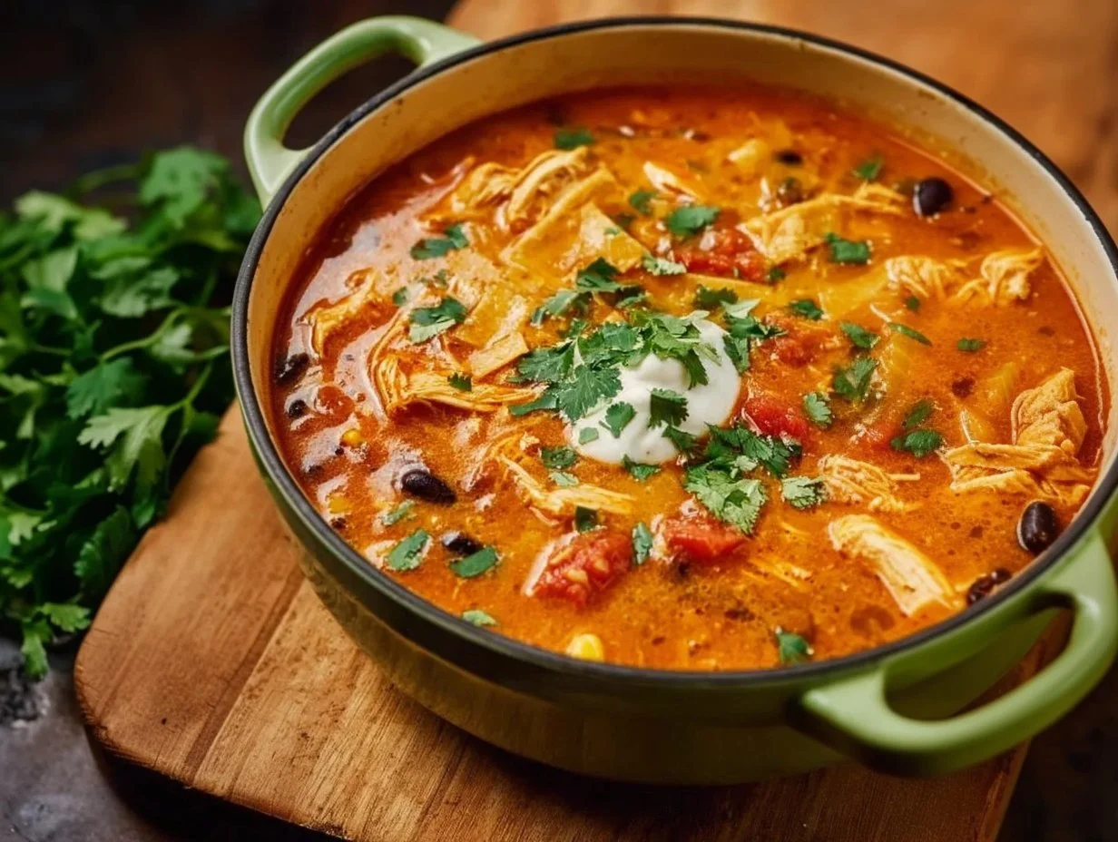 Bowl of savory Chicken Enchilada Soup with toppings of cheese and cilantro