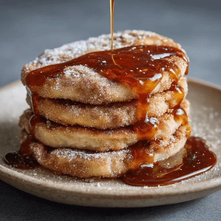 Delicious Spanish churro-inspired pancakes with chocolate sauce and cinnamon sugar